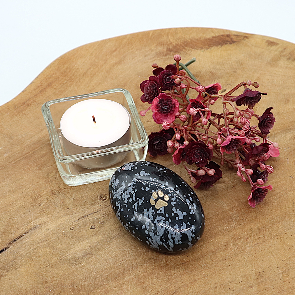 Edel-gedenk-steen obsidiaan sneeuwvlok ovaal hondenpootje